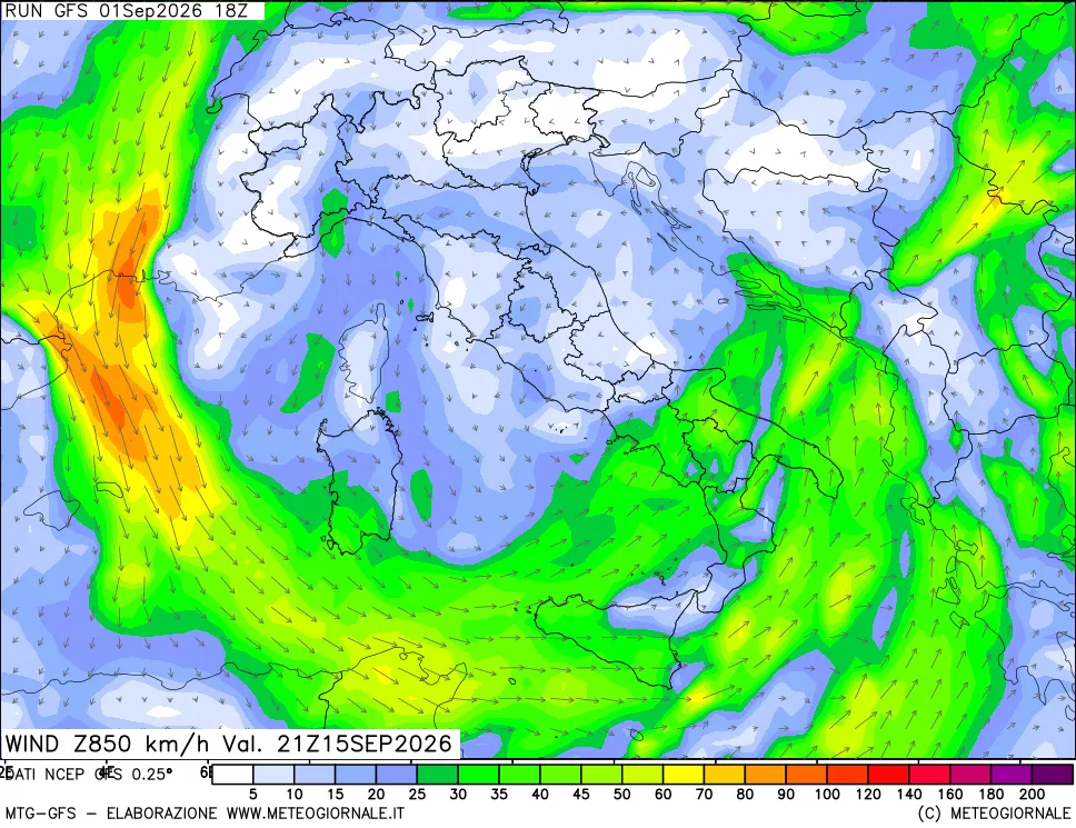 mappa 850 hPa Vento forza e direzione