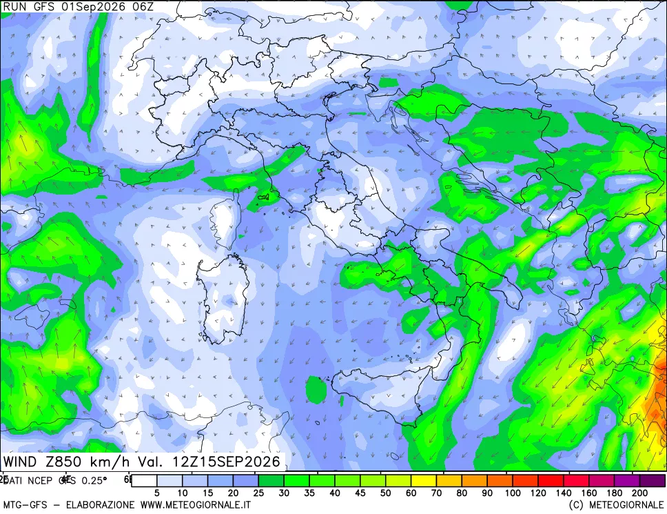 mappa 850 hPa Vento forza e direzione