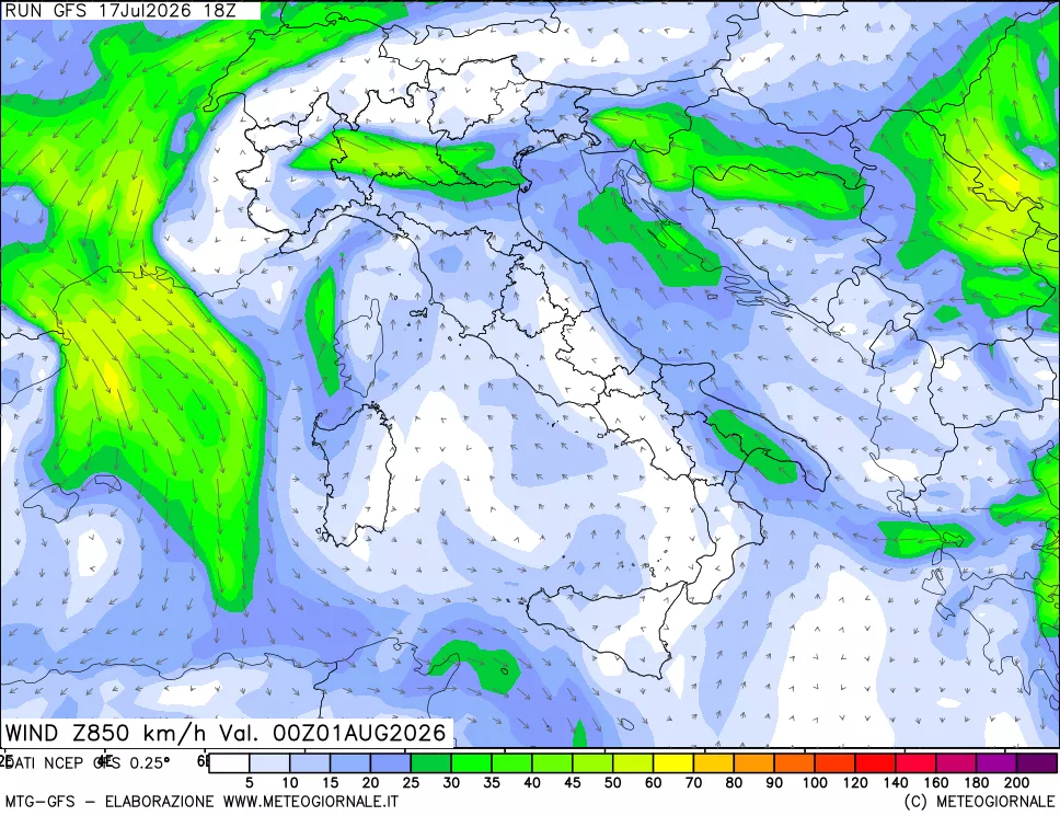 mappa 850 hPa Vento forza e direzione
