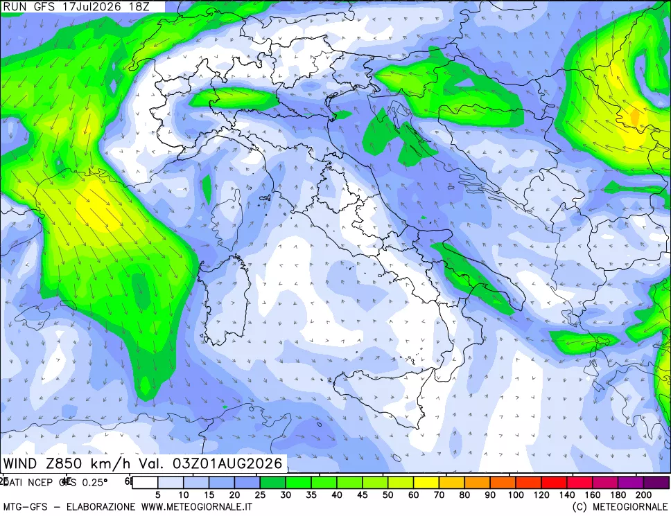 mappa 850 hPa Vento forza e direzione