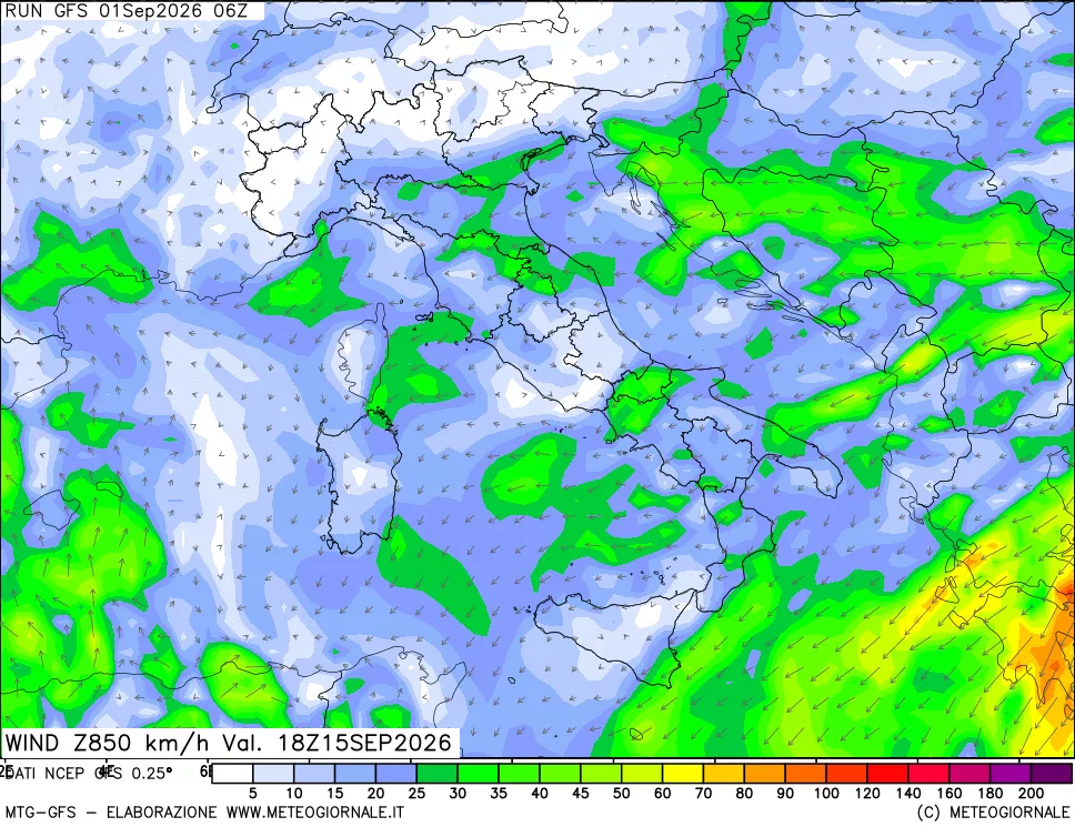 mappa 850 hPa Vento forza e direzione