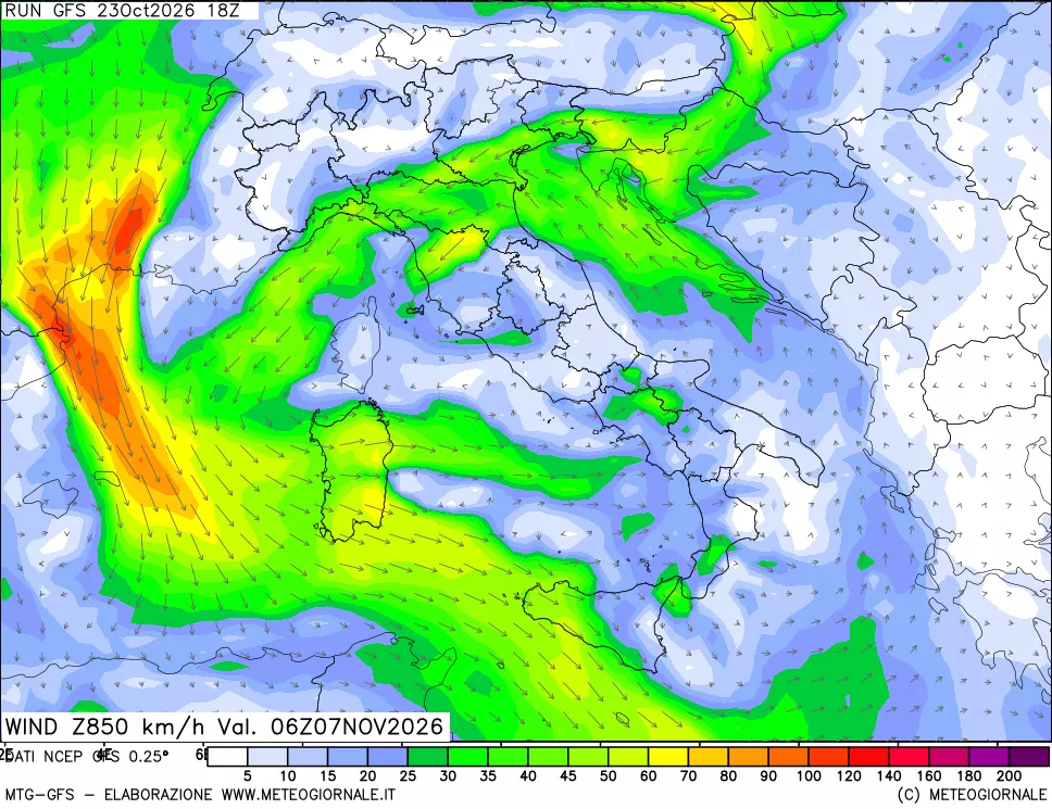 mappa 850 hPa Vento forza e direzione