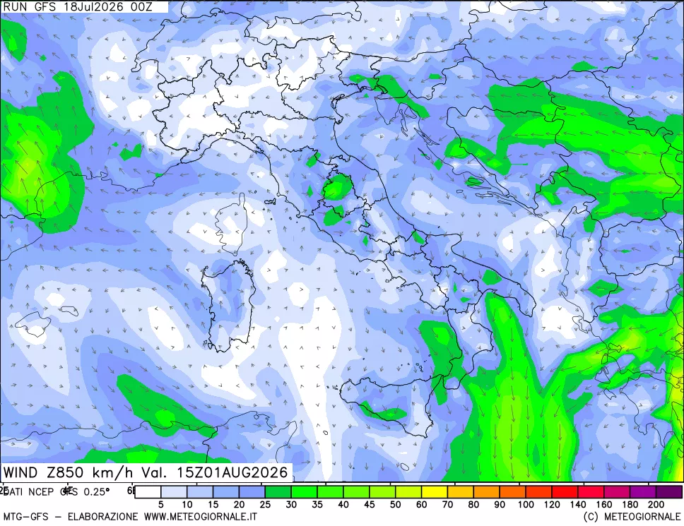mappa 850 hPa Vento forza e direzione