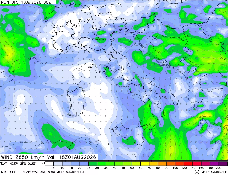 mappa 850 hPa Vento forza e direzione
