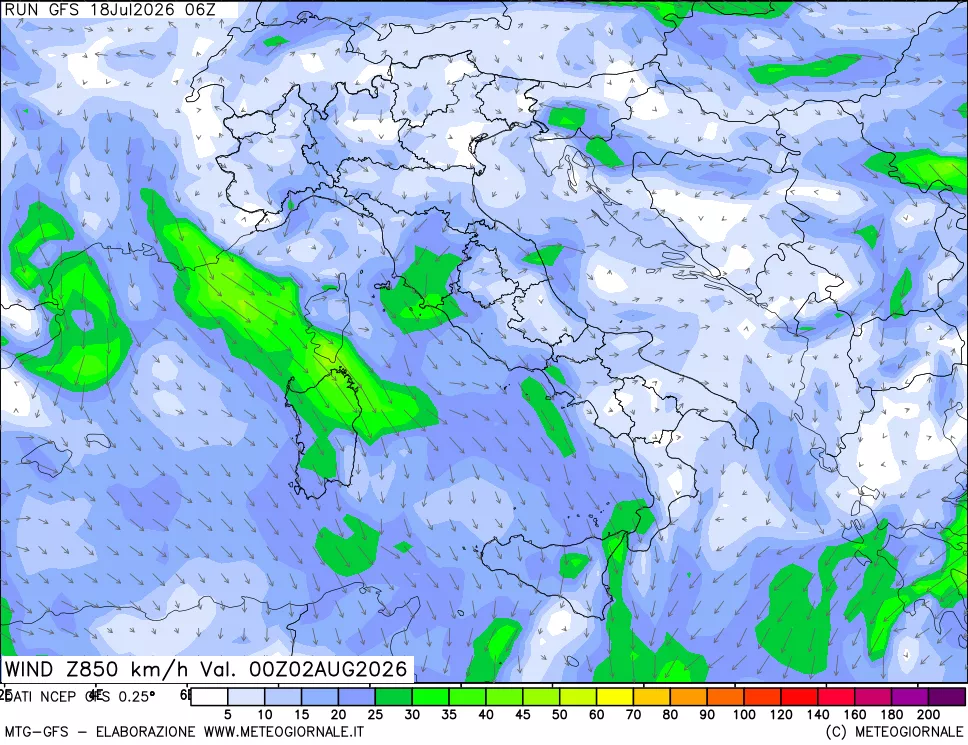 mappa 850 hPa Vento forza e direzione