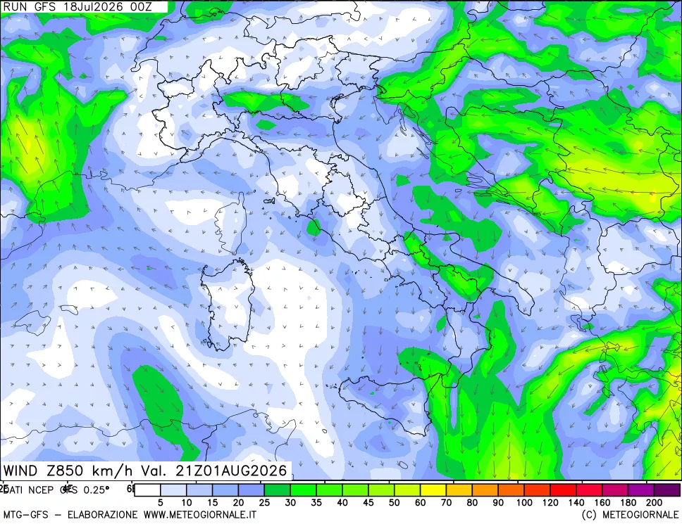 mappa 850 hPa Vento forza e direzione