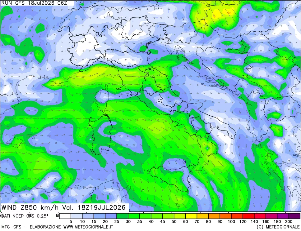 mappa 850 hPa Vento forza e direzione