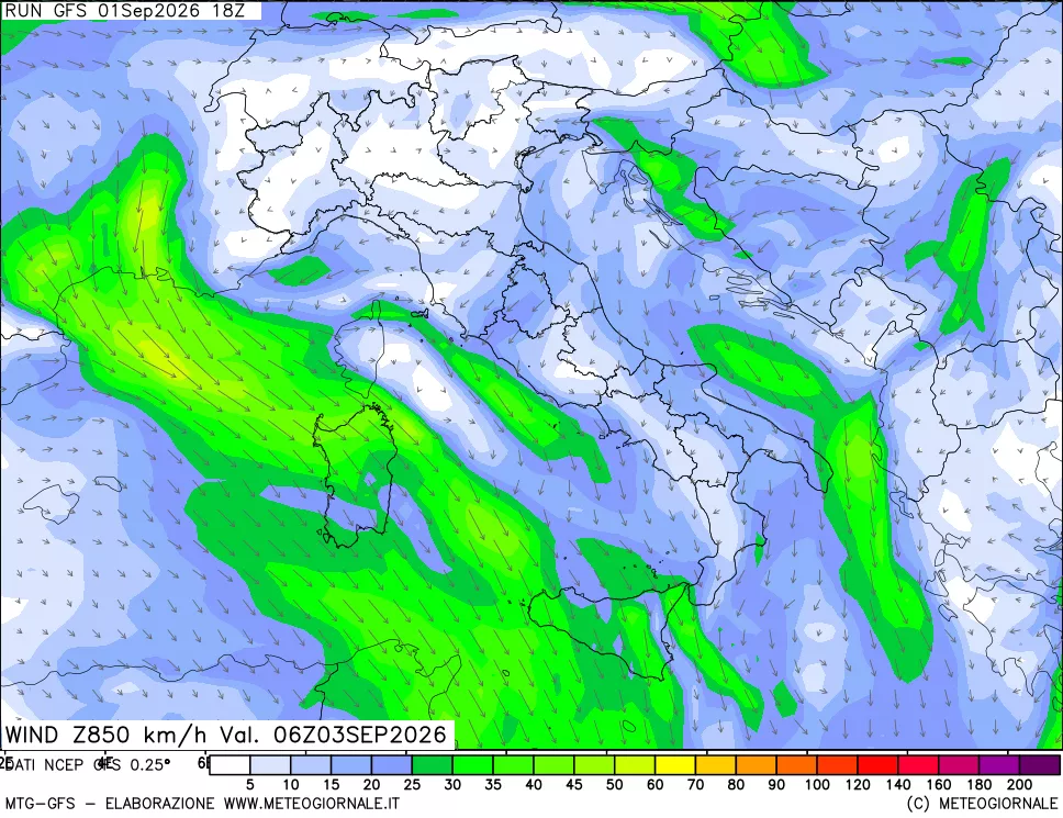 mappa 850 hPa Vento forza e direzione