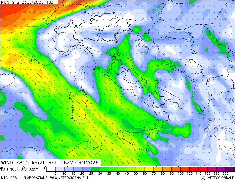 mappa 850 hPa Vento forza e direzione