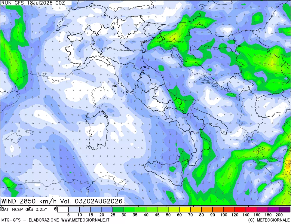 mappa 850 hPa Vento forza e direzione