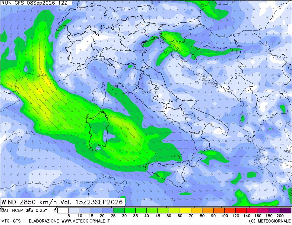 mappa 850 hPa Vento forza e direzione
