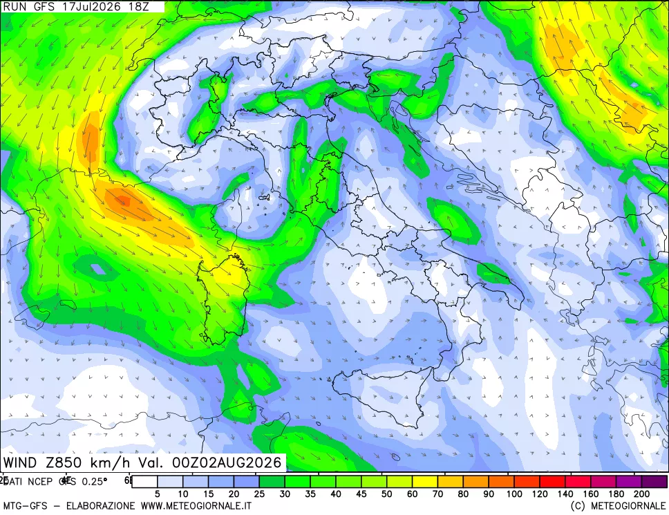 mappa 850 hPa Vento forza e direzione