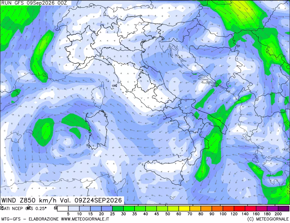 mappa 850 hPa Vento forza e direzione