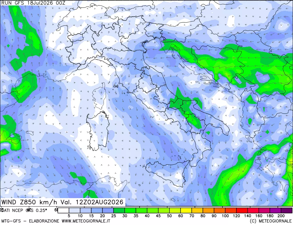 mappa 850 hPa Vento forza e direzione