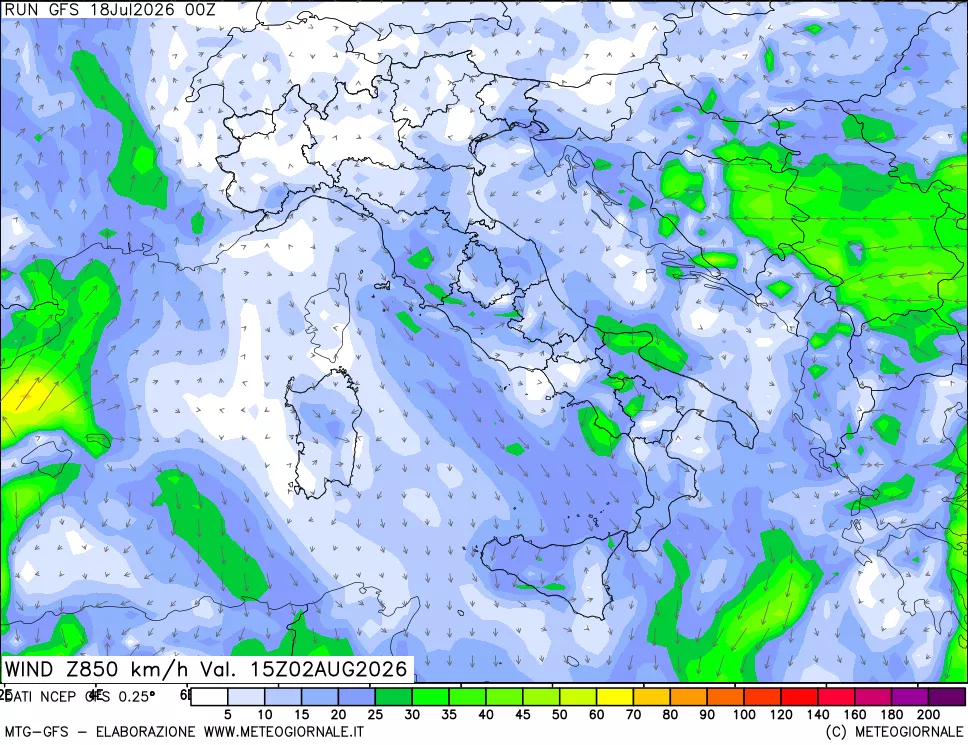 mappa 850 hPa Vento forza e direzione