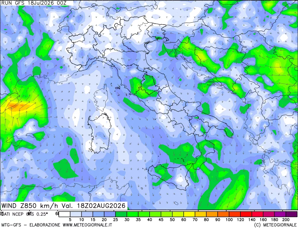 mappa 850 hPa Vento forza e direzione