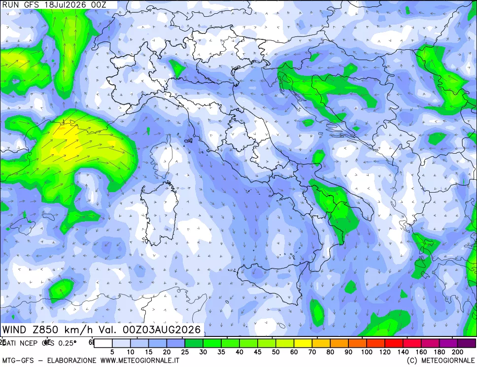 mappa 850 hPa Vento forza e direzione