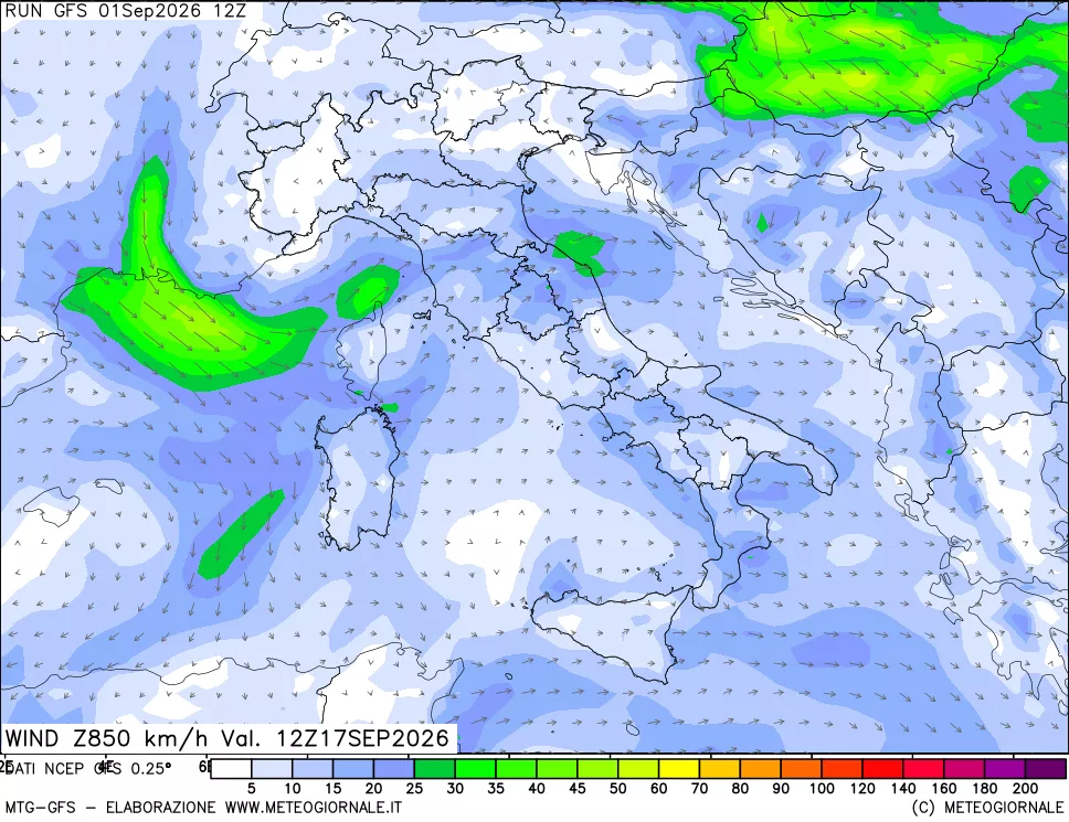 mappa 850 hPa Vento forza e direzione