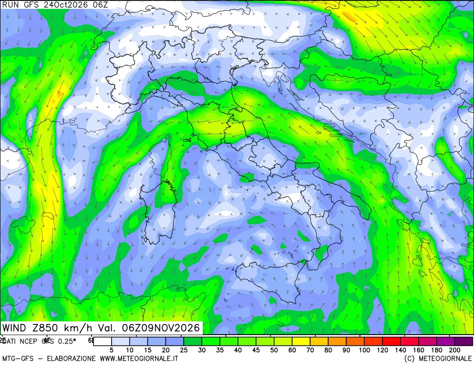 mappa 850 hPa Vento forza e direzione