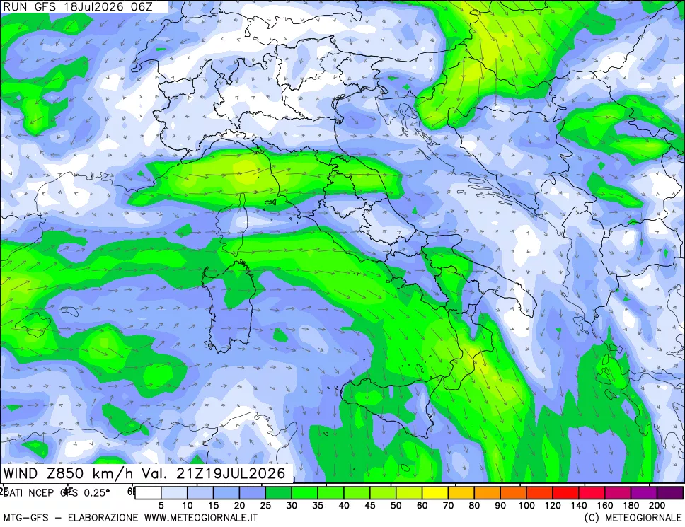 mappa 850 hPa Vento forza e direzione