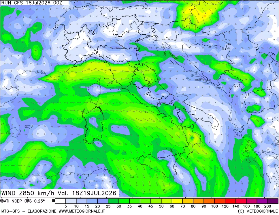 mappa 850 hPa Vento forza e direzione