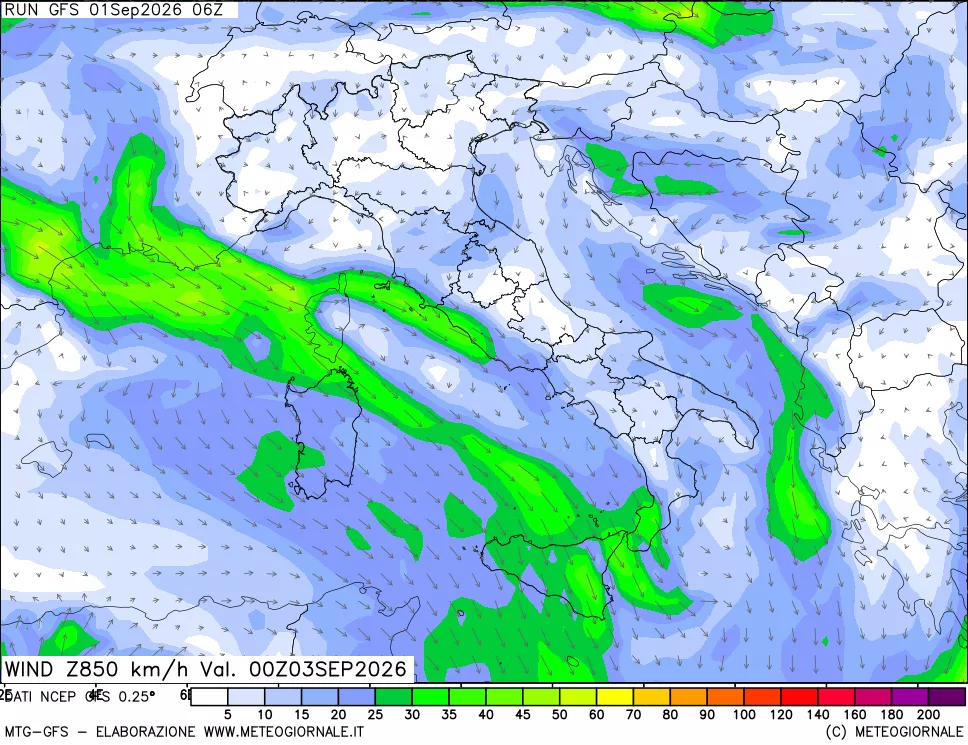 mappa 850 hPa Vento forza e direzione