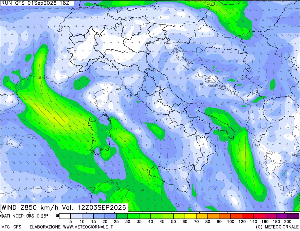 mappa 850 hPa Vento forza e direzione