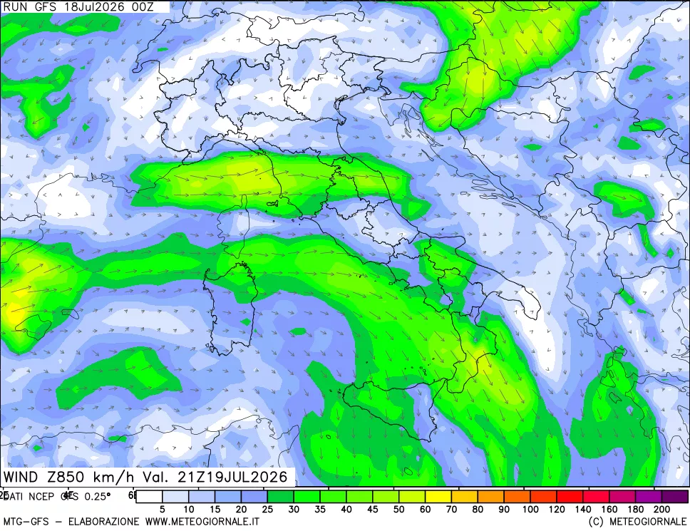 mappa 850 hPa Vento forza e direzione