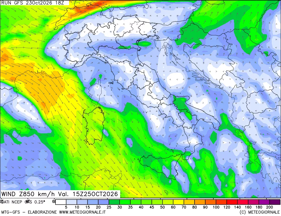 mappa 850 hPa Vento forza e direzione