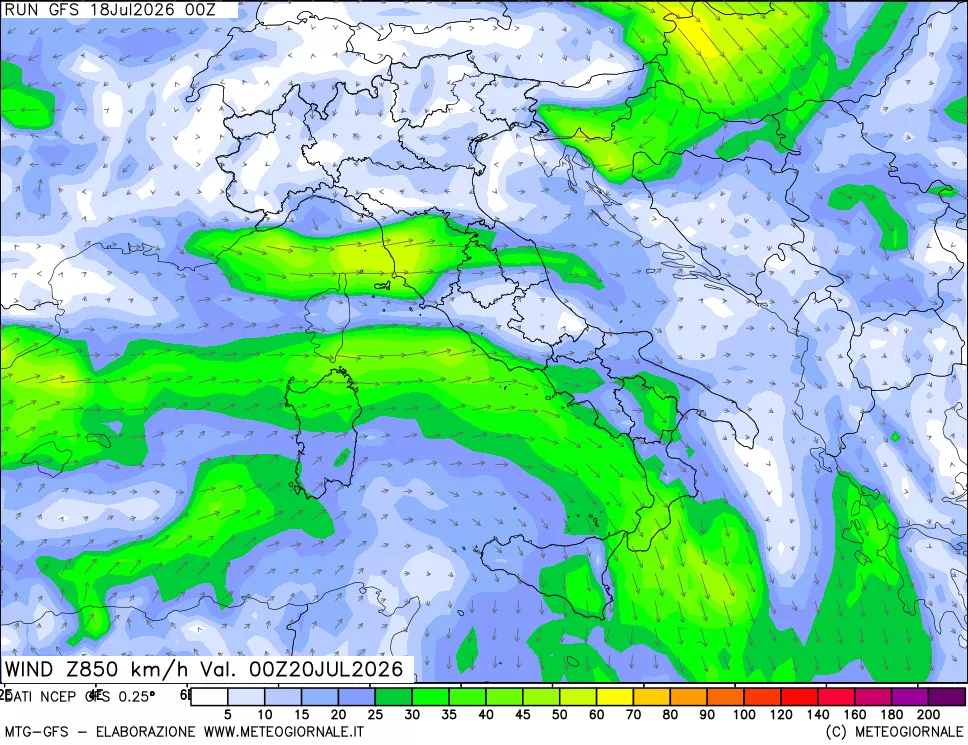 mappa 850 hPa Vento forza e direzione