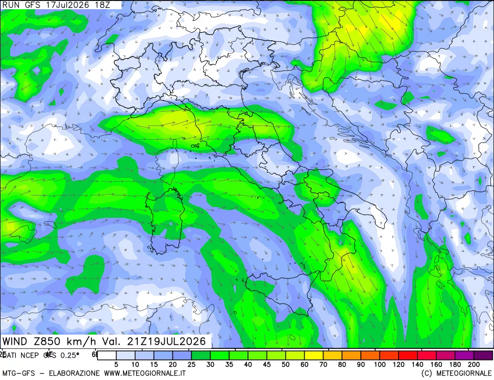 mappa 850 hPa Vento forza e direzione
