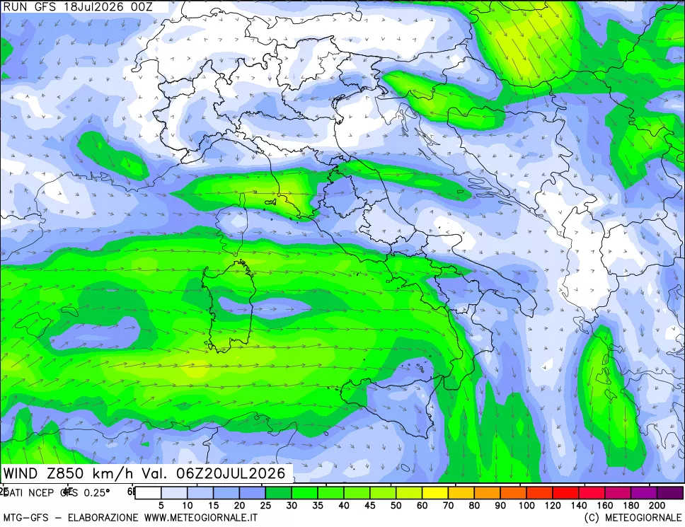 mappa 850 hPa Vento forza e direzione