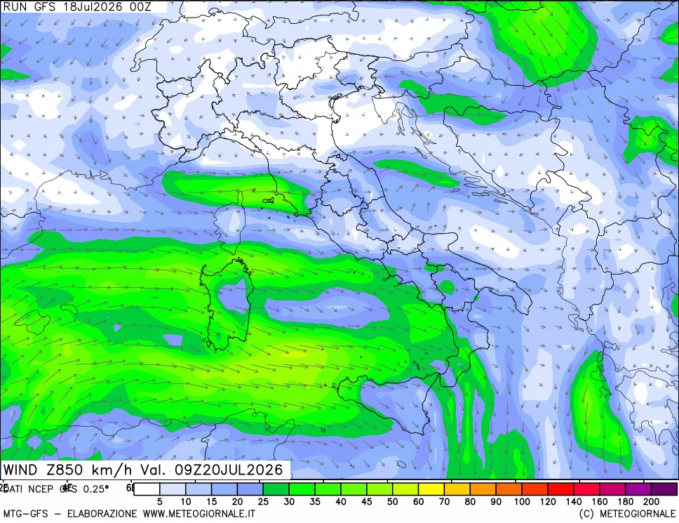 mappa 850 hPa Vento forza e direzione