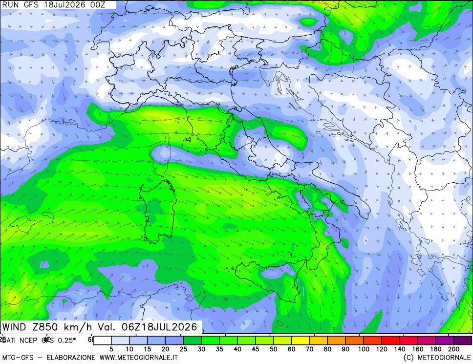 mappa 850 hPa Vento forza e direzione