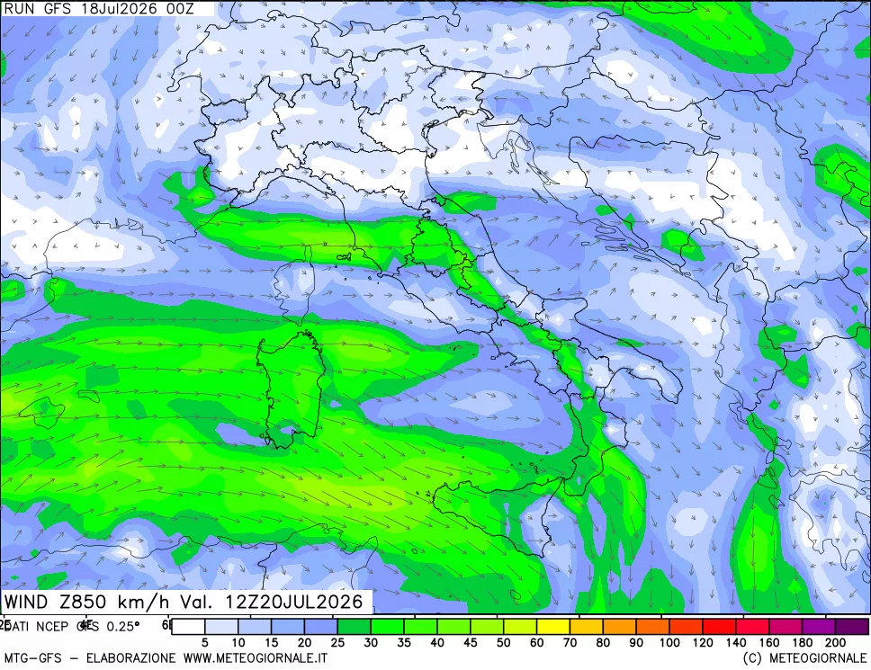 mappa 850 hPa Vento forza e direzione