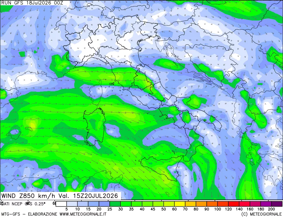 mappa 850 hPa Vento forza e direzione