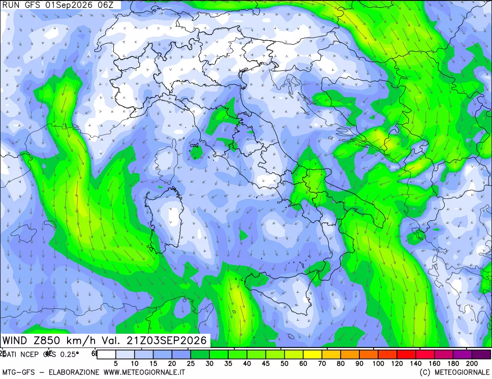 mappa 850 hPa Vento forza e direzione
