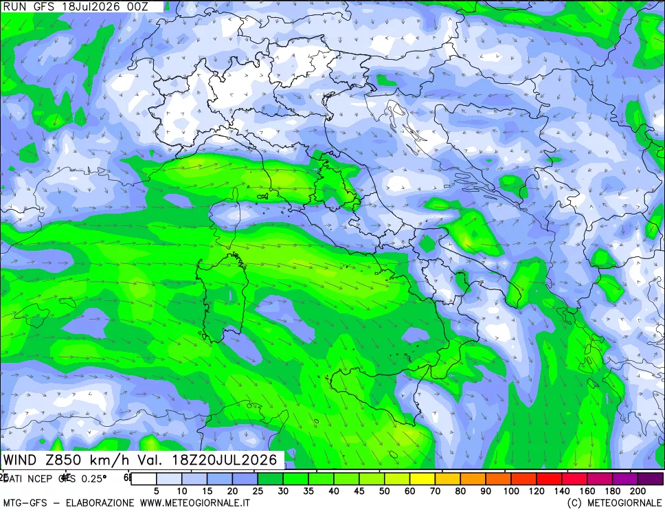 mappa 850 hPa Vento forza e direzione