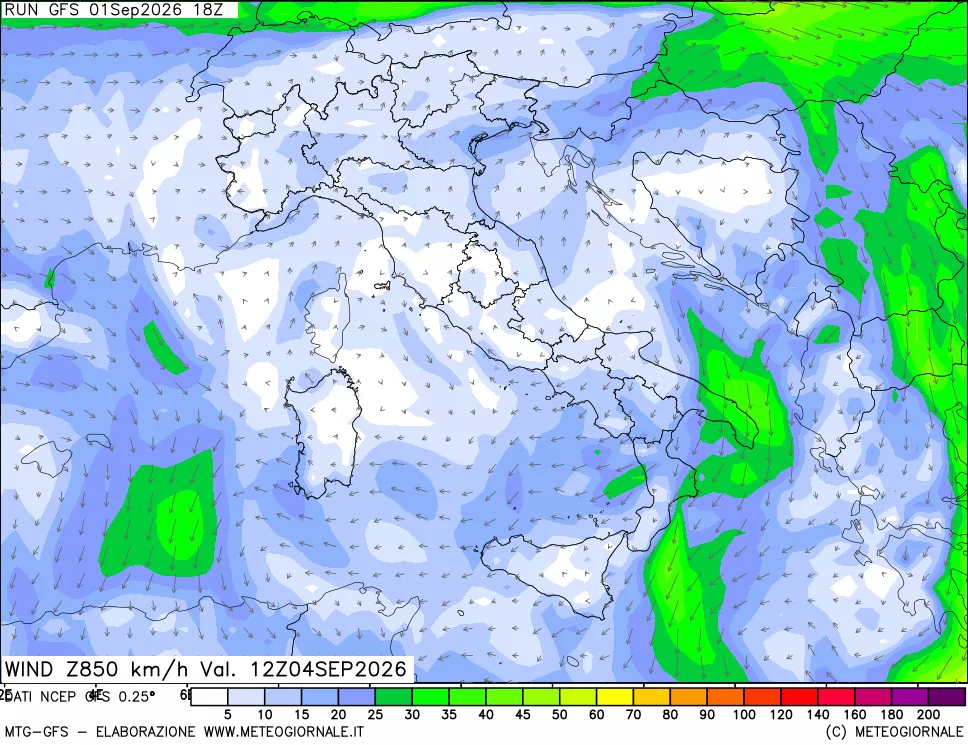 mappa 850 hPa Vento forza e direzione