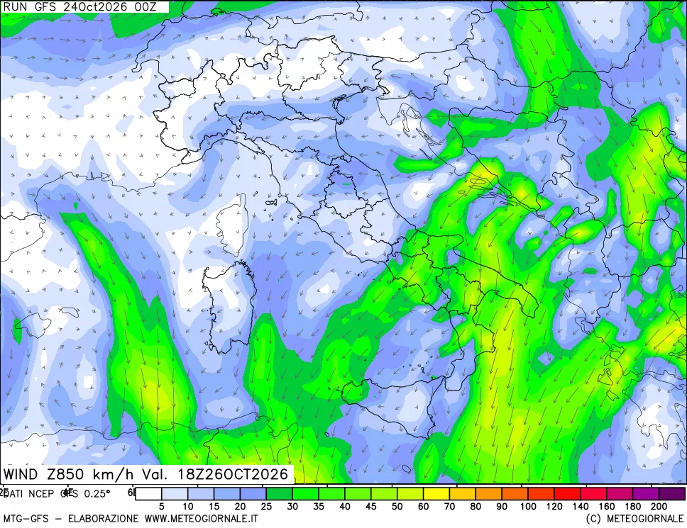 mappa 850 hPa Vento forza e direzione