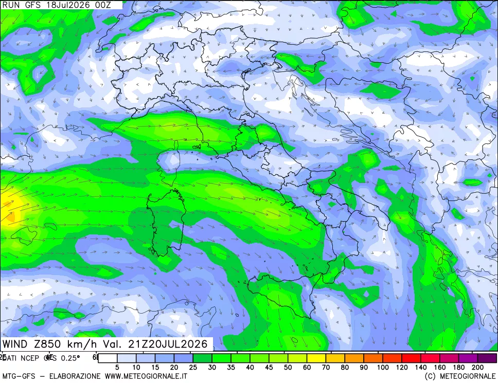 mappa 850 hPa Vento forza e direzione