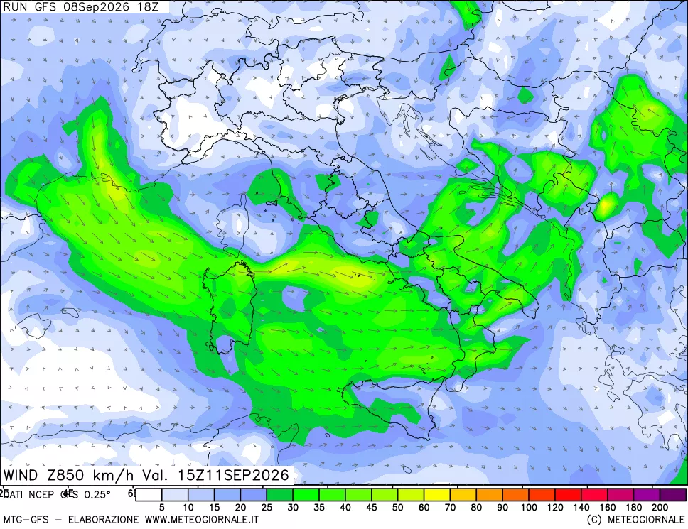 mappa 850 hPa Vento forza e direzione