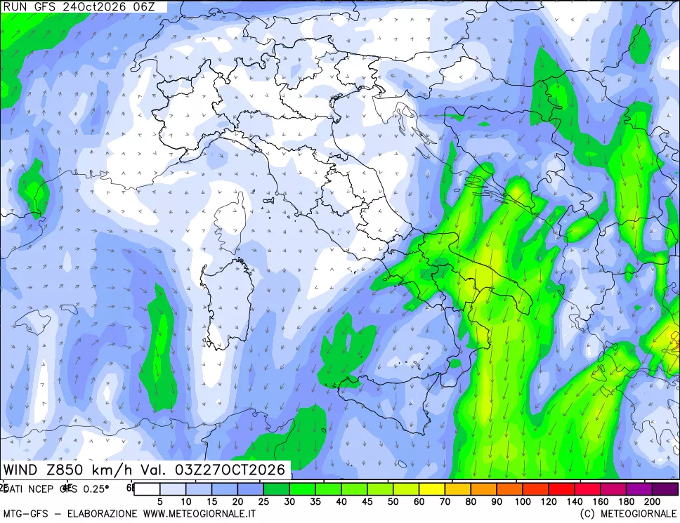 mappa 850 hPa Vento forza e direzione