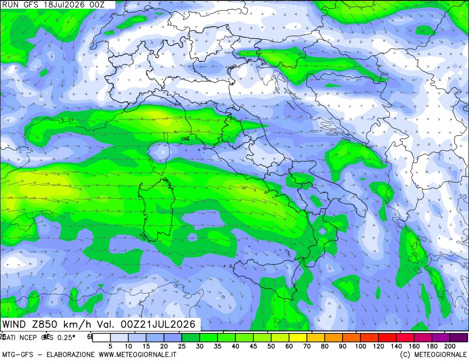 mappa 850 hPa Vento forza e direzione