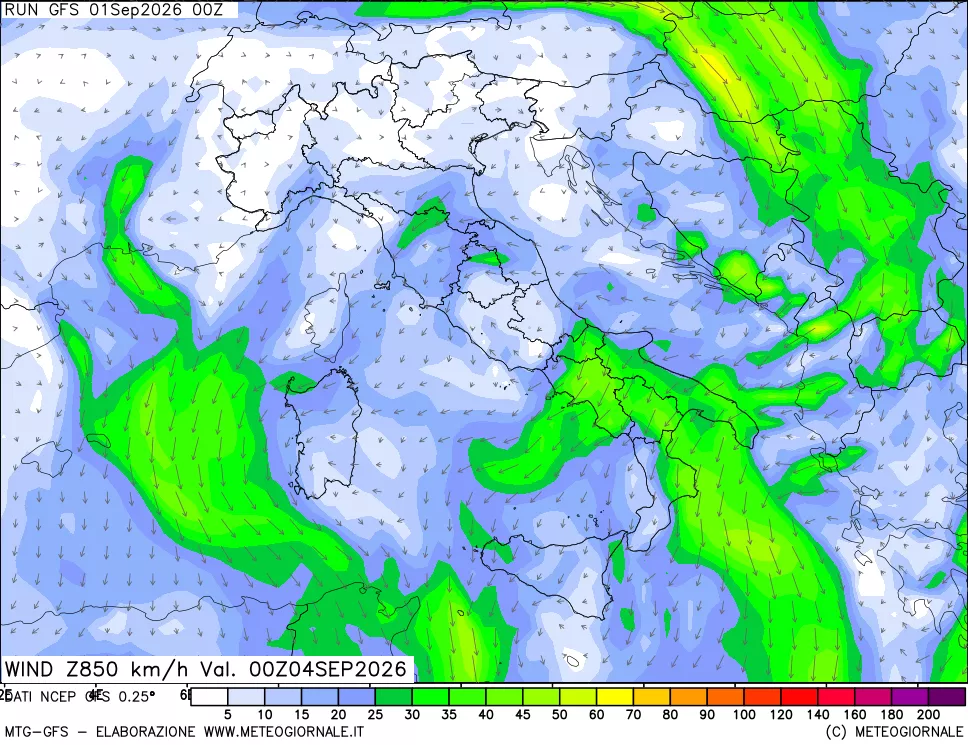 mappa 850 hPa Vento forza e direzione