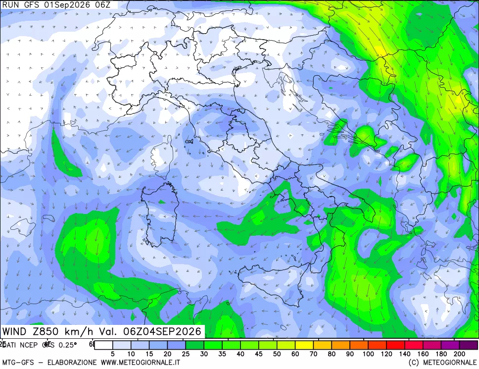 mappa 850 hPa Vento forza e direzione