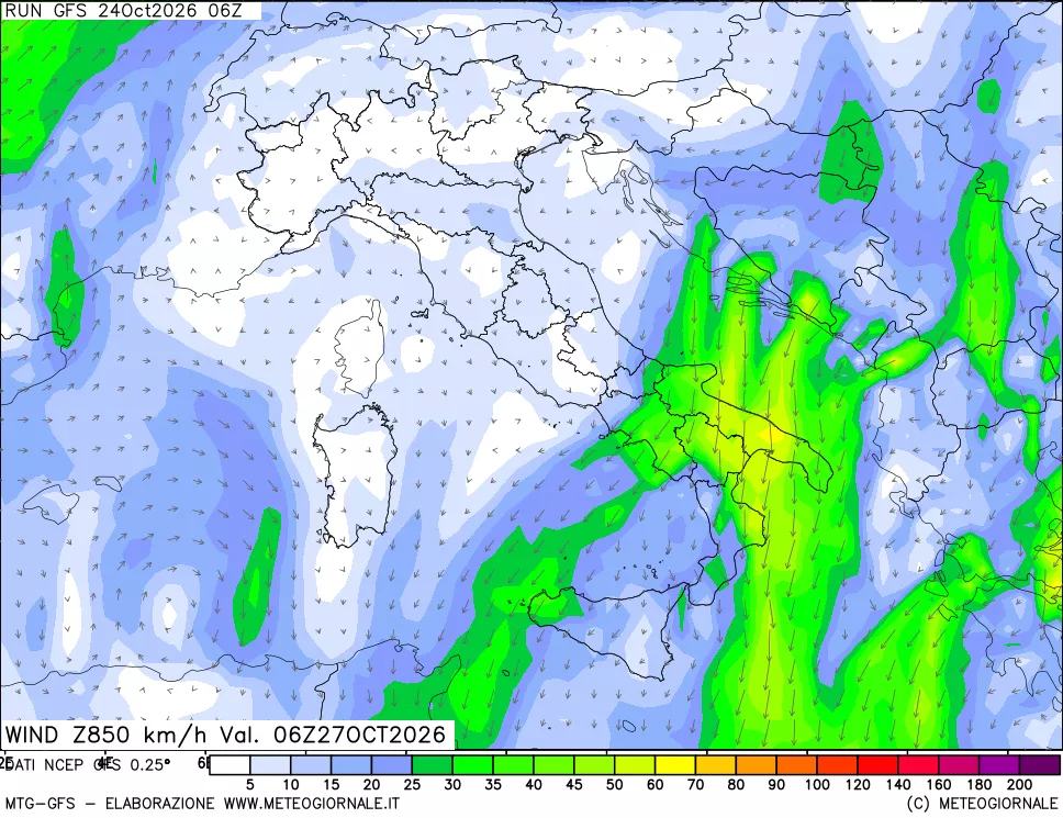 mappa 850 hPa Vento forza e direzione