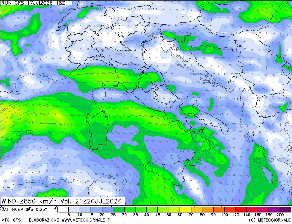mappa 850 hPa Vento forza e direzione