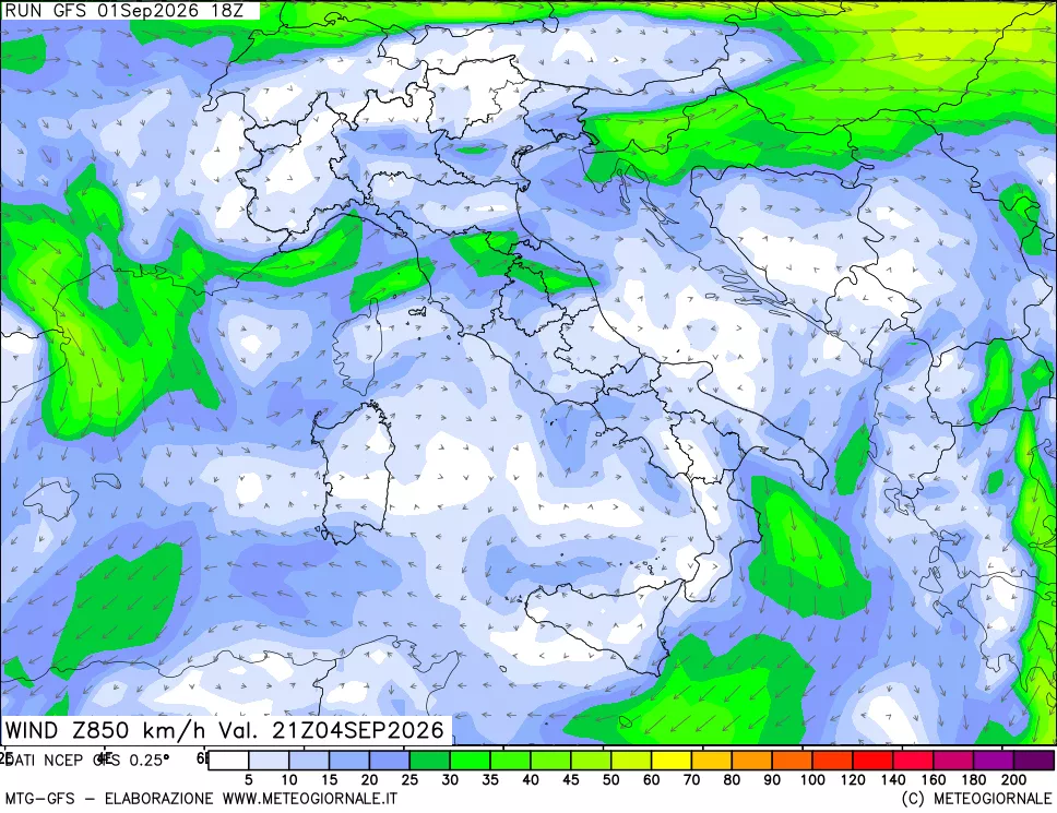 mappa 850 hPa Vento forza e direzione