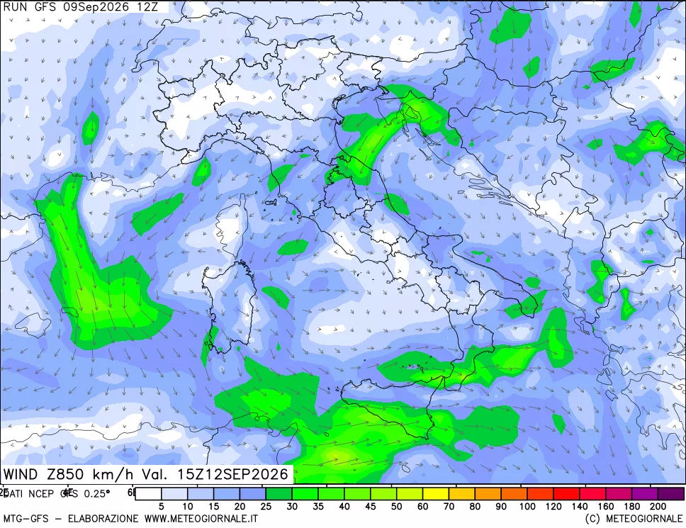 mappa 850 hPa Vento forza e direzione